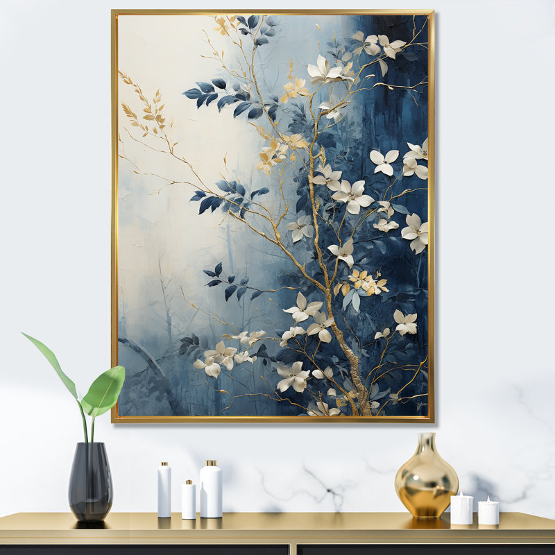 " Abstract Gold And Blue Botanical ", 32" H x 24" W x 1" D, Gold Floater Framed