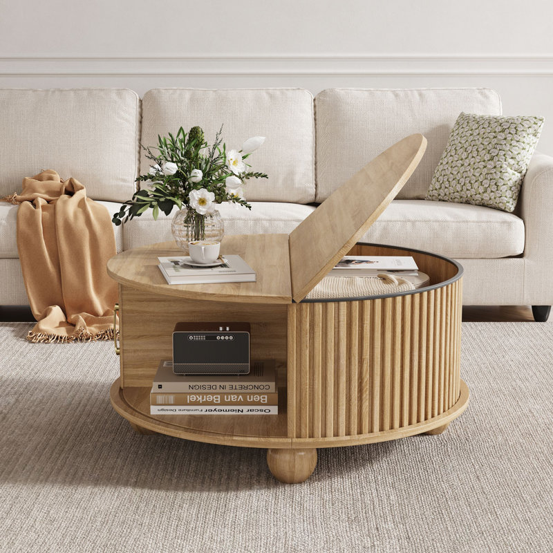31.5" Modern Round Coffee Table With Storage, Natural