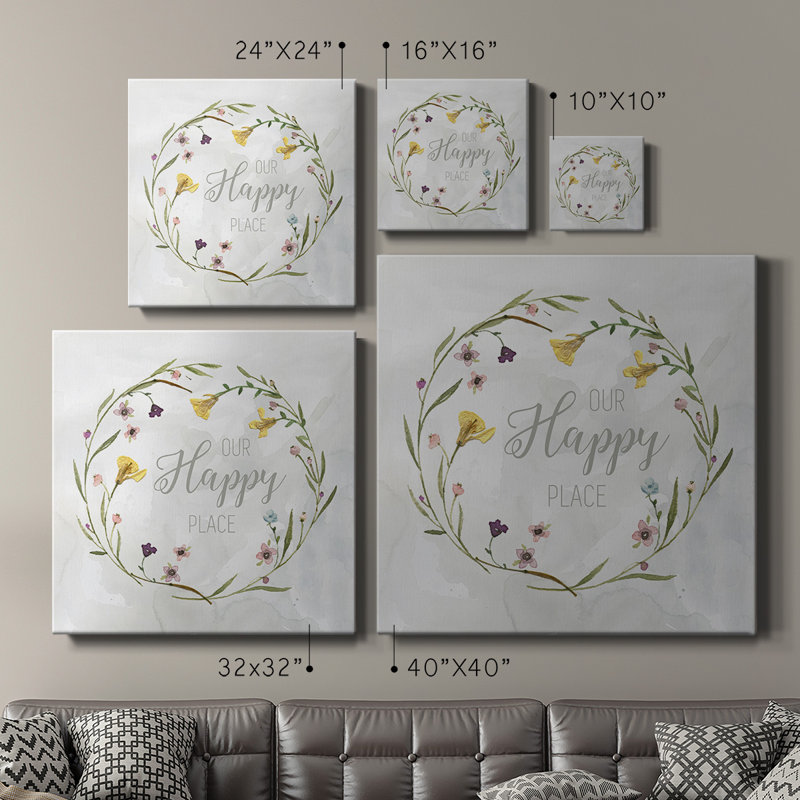 Our Happy Place Pressed Wreath - Toile tendue avec châssis de qualité supérieure - prête à être accrochée