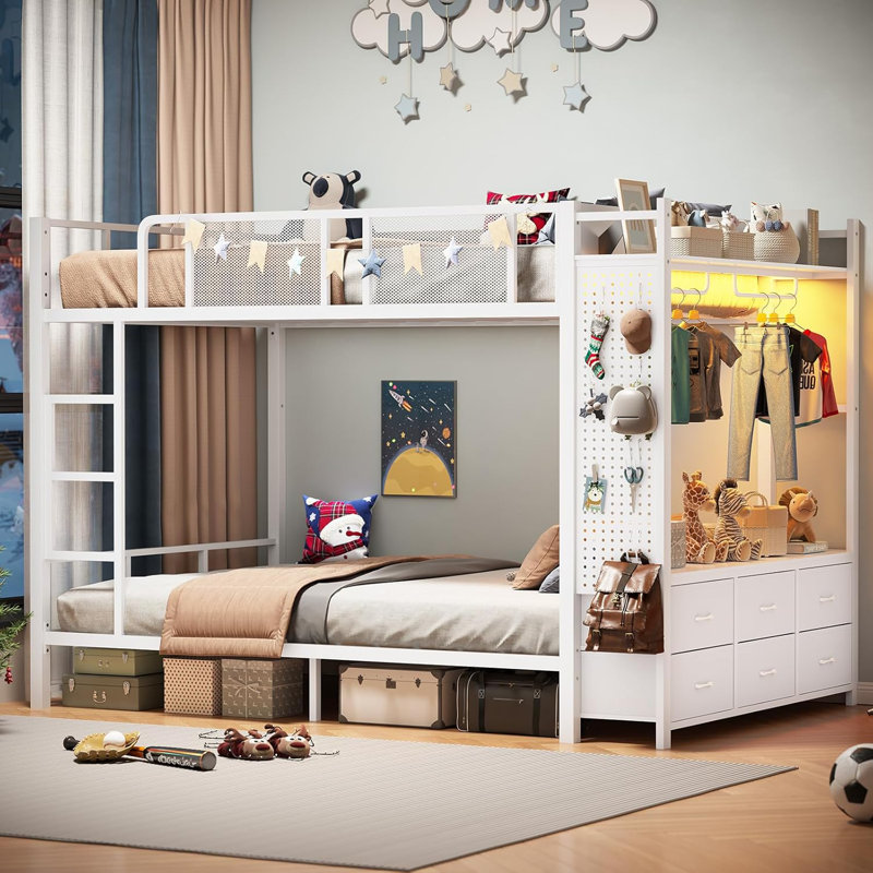 Metal Bunk Bed Full Over Full With Hall Tree, Power Outlet, Led Bunk Bed, White, Full Over Full