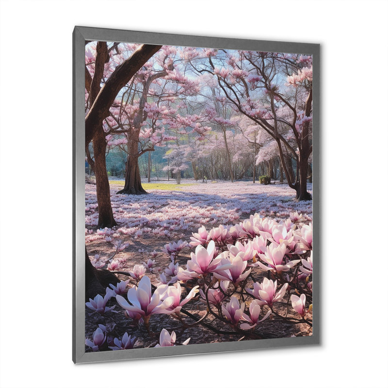 Magnolias roses, photo I sur toile, Cadre simple argenté, H 32 po x l 16 po x P 1 po