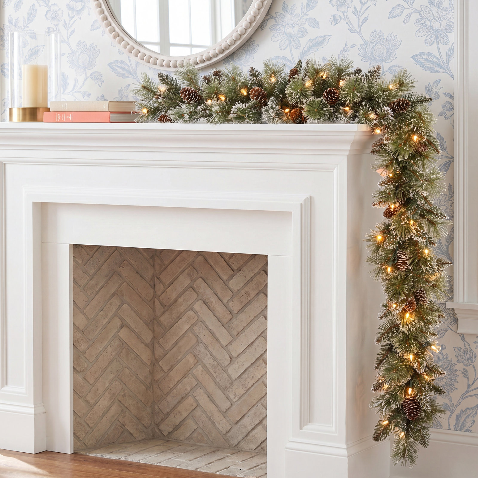 108" Frosted Pre-Lit Bristle Pine Garland