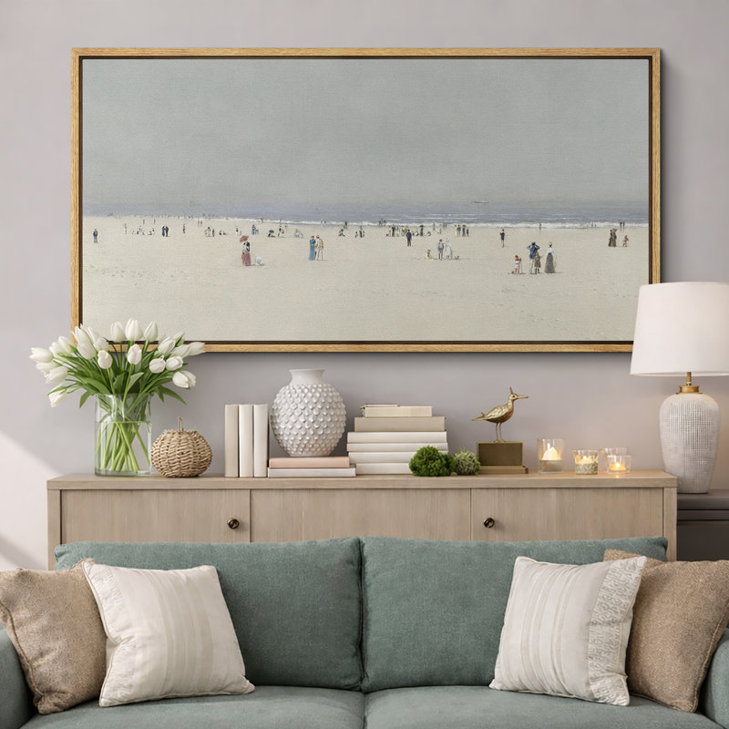 «Coastal Beach Beach Day In Pastel Victorian Style Seaside», reproduction encadrée, H 30 po x l 60 po, Naturel