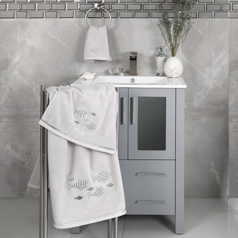 FIGI 2PC Embellished Hand Towel Set Turkish Cotton Hand Towel, Silver