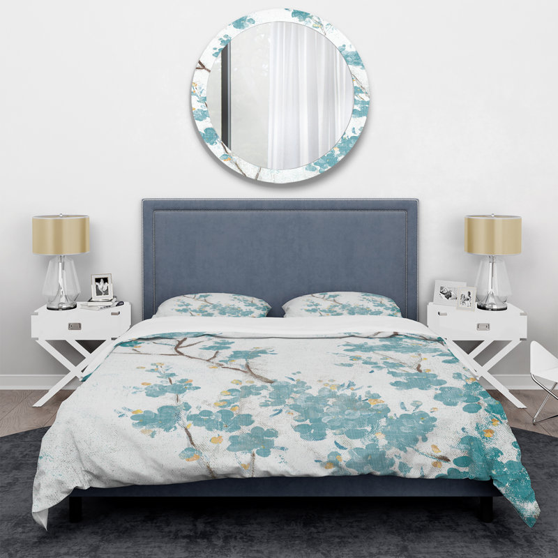 Teal Cherry Blossoms II - Traditional Floral Duvet Cover Set - Microfiber Polyester, King Duvet Cover + 2 Shams