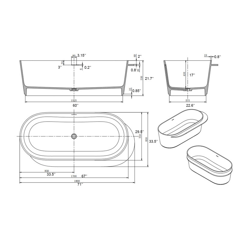 71'' x 33.5'' Soaking Solid Surface Bathtub