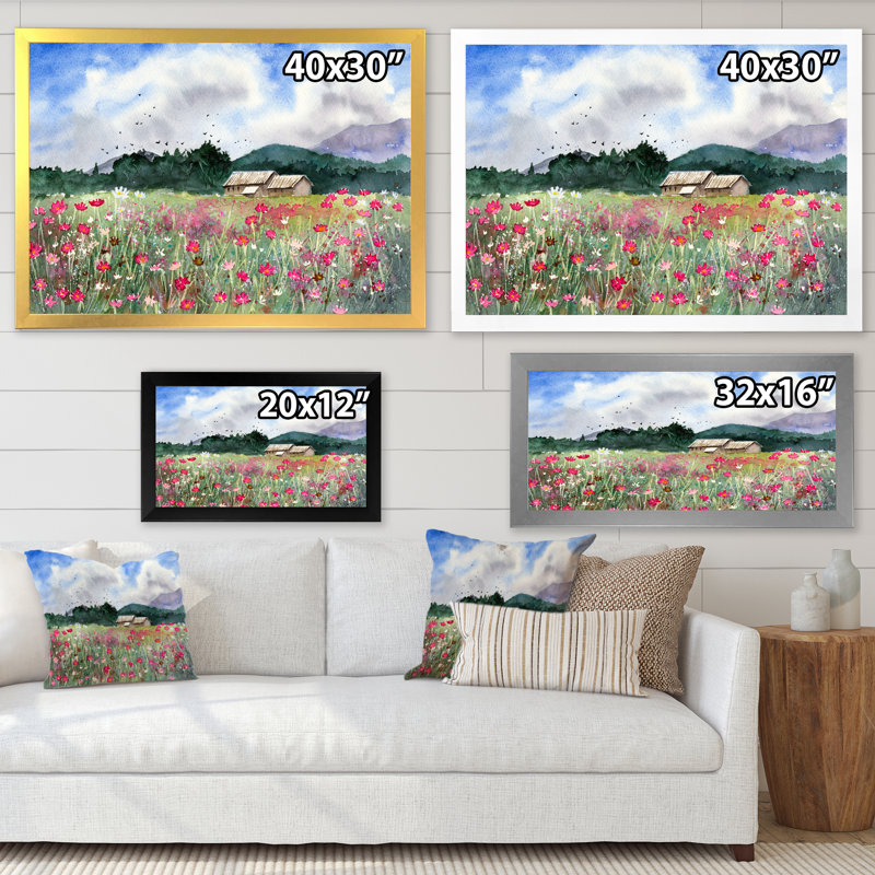 Paysage avec un champ de fleurs blanches et roses - Peinture sur toile, H 24 po x l 32 po x P 1 po