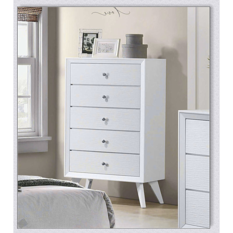 Commode 1 pièce de style contemporain avec pieds inclinés, boutons ronds en bronze et finition blanche à texture ondulée pour une élégance moderne