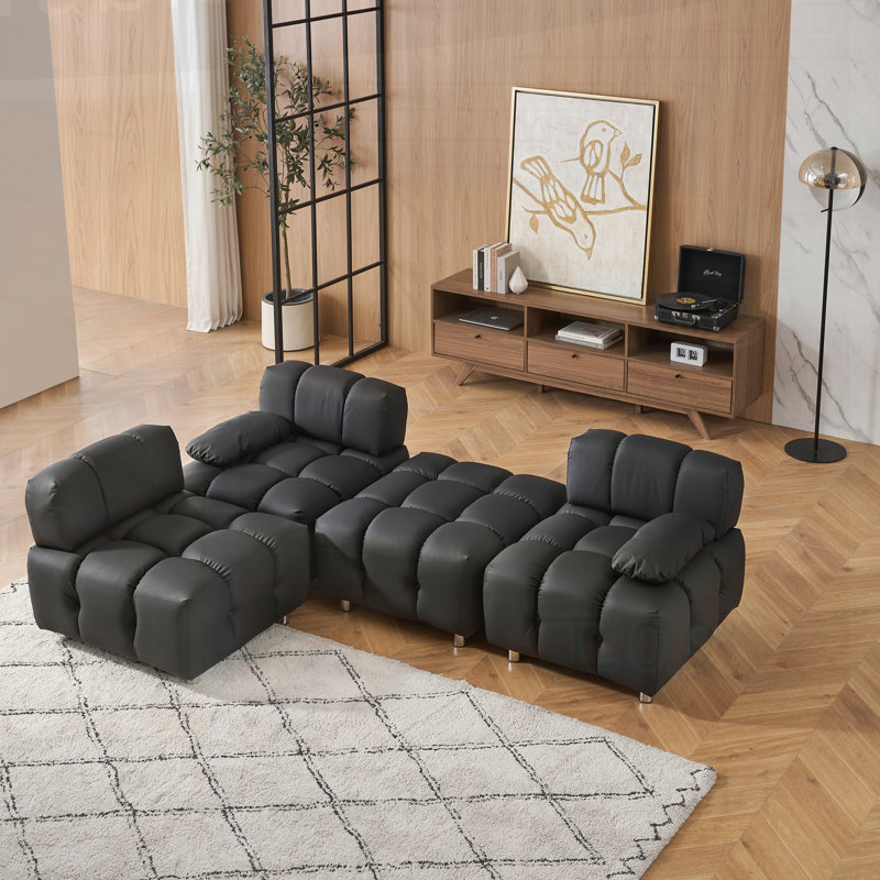 Canapé capitonné capitonné, Cuir noir, H 27,56 po x l 90,6 po x P 33,5 po