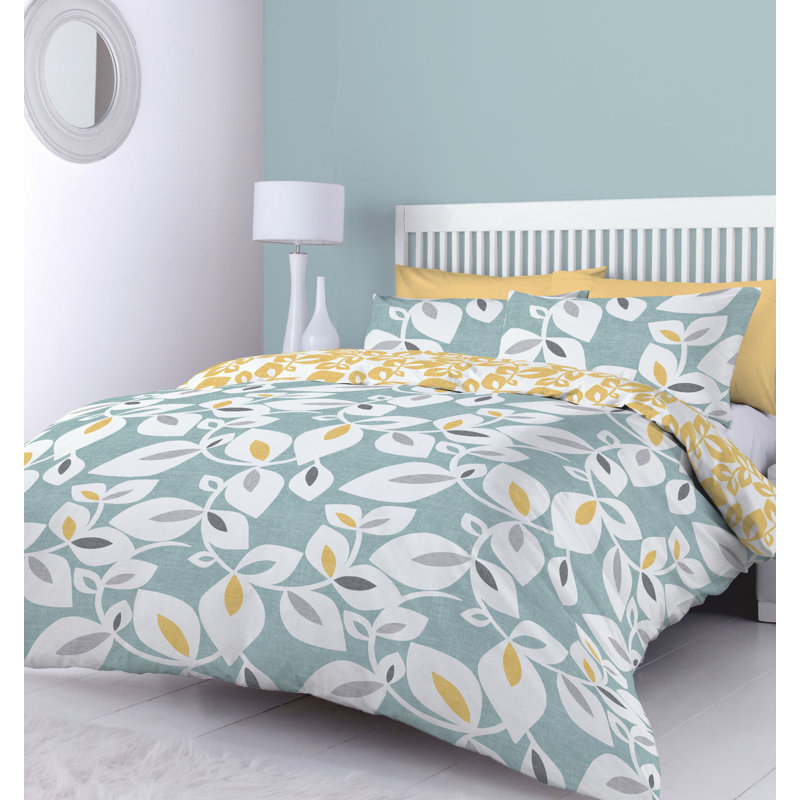 Inga Leaf Reverisble Duvet Cover Set with Pillowcases, Green/White/Yellow, 220 x 230cm Duvet Cover + 2 Buttons Pillowcases