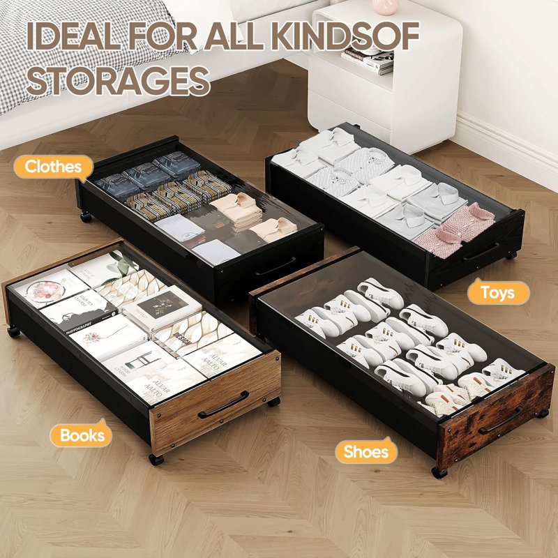 Organisateur de rangement roulant sous le lit avec roulettes verrouillables à 360 ° Cadre en métal pour fenêtre de garde-robe de chambre à coucher