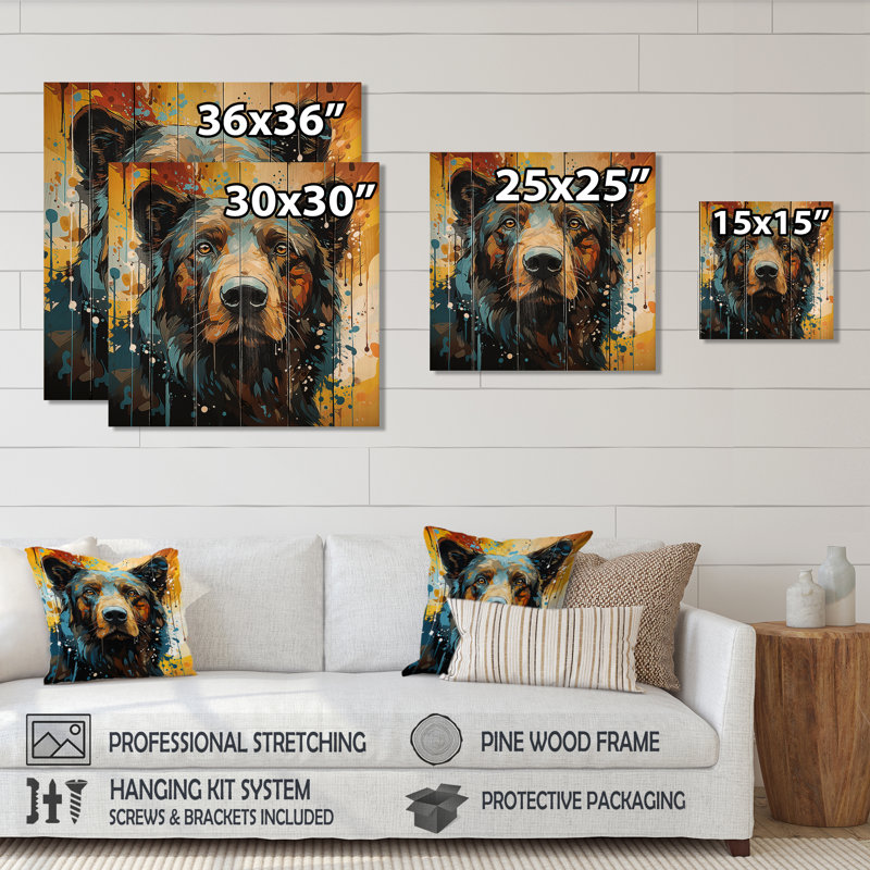 Portrait d'ours bleu et jaune - Ours sur bois, H 30 po x l 30 po