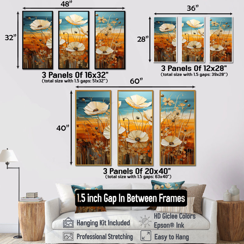 «Beautiful Warm Flowers Field I», ensemble de reproductions d'art mural, Cadre flottant doré, 28" H x 36" W x 1" D