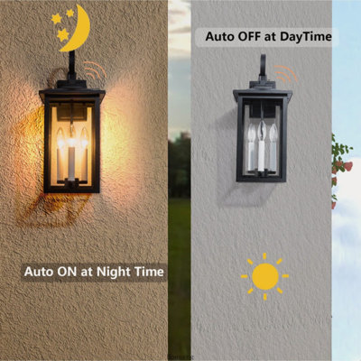 Applique murale extérieure à 3 lumières avec fonction crépuscule-aube, support mural en métal noir pour terrasse et porche