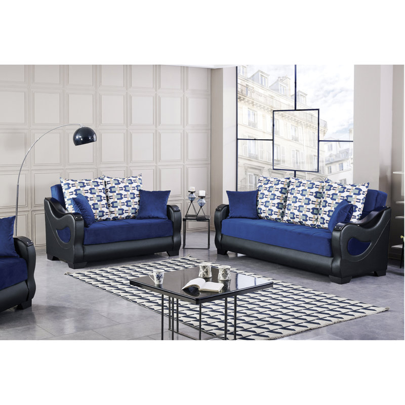 Echof Blue Convertible 62 In. Soft Touch Microfiber 2-Seater Sleeper Loveseat With Storage