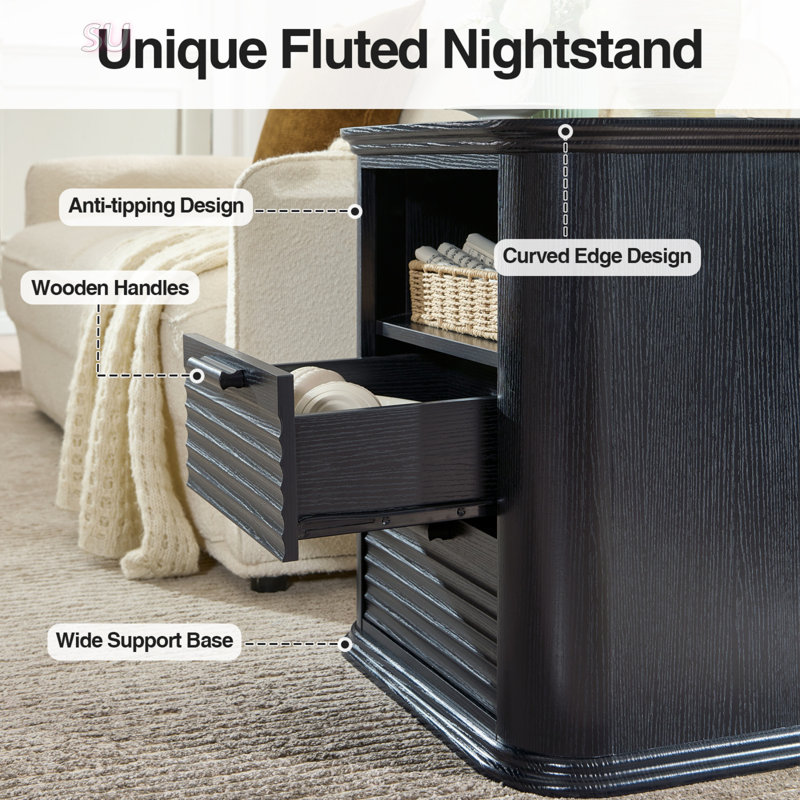 22-Inch Fluted Night Stand With Charging Station, Modern End Table With 2 Drawers & Open Storage, Stylish Bedside Table For Living Room And Bedroom