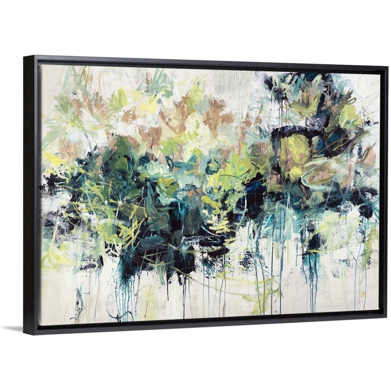 « joyful jungle », peinture sur toile, H 33,7 po x l 49,7 po x P 1,75 po, Cadre flottant noir