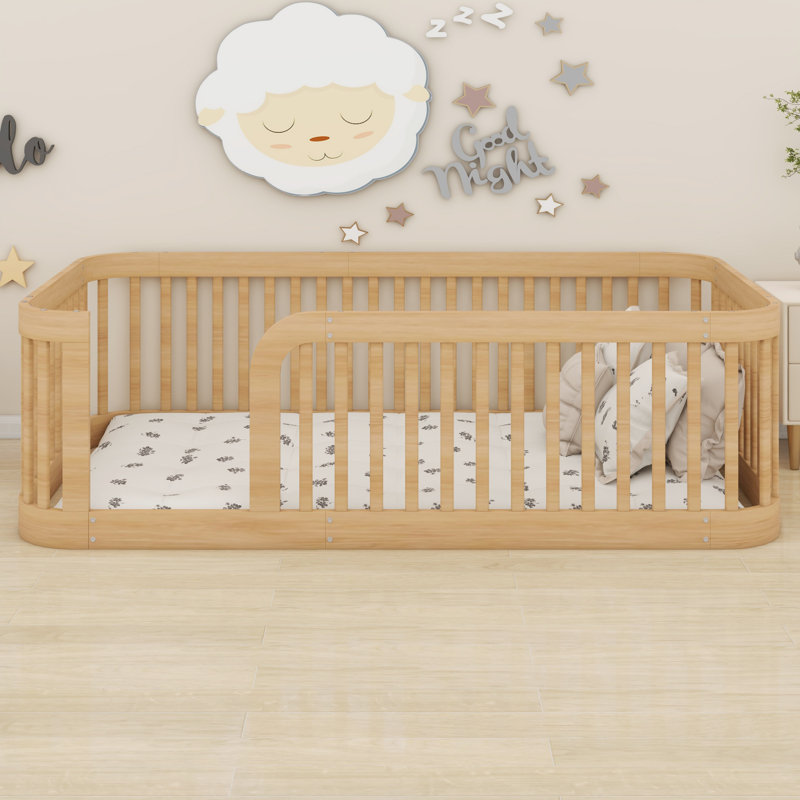 Base de lit en bois pour enfants avec clôture de sécurité, Naturel