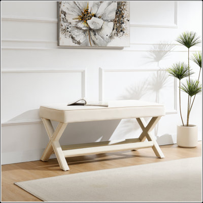 Comfort Double Bench Upholstered In Velvet Fabric,Stool With Stylish X-Crossed Legs,Comfort Cushion With Piping