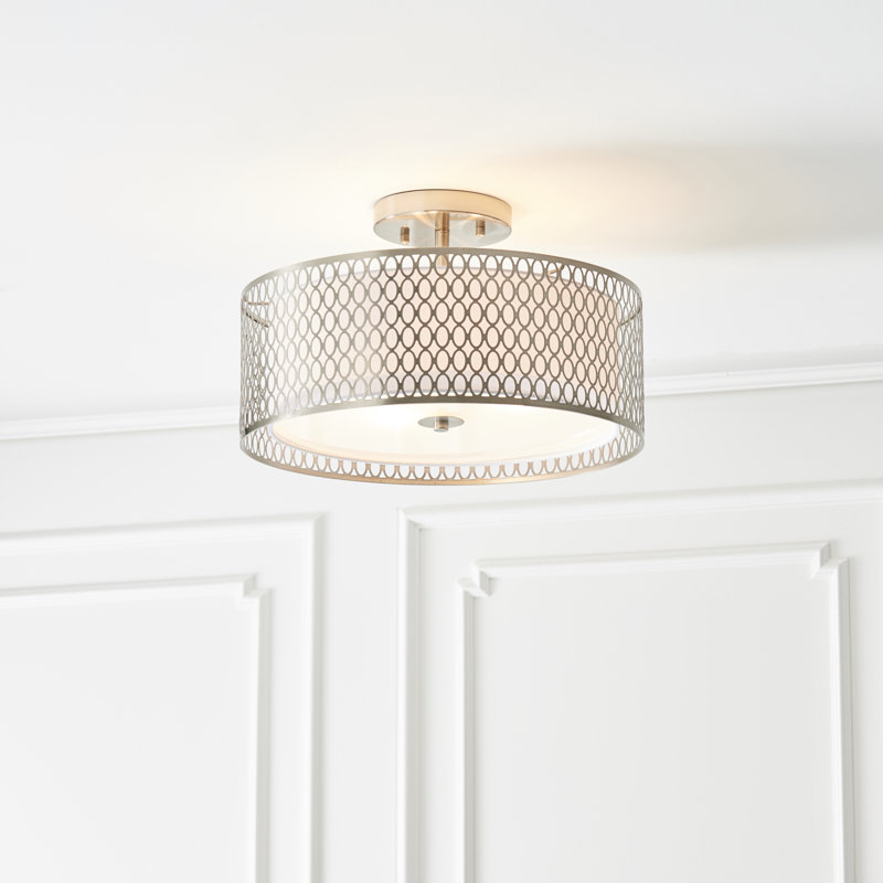 Erika Semi Flush Mount, Satin Nickel/White Fabric/Frosted Glass