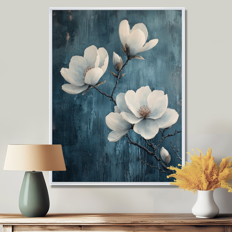 Behan Magnolia Blooms In Saffire Winter Impressionist II - Magnolias, impression sur toile, H 40 po x l 30 po, Blanc
