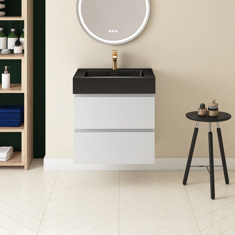 Rollene 24'' Single Bathroom Vanity with Quartz Top, Black, White