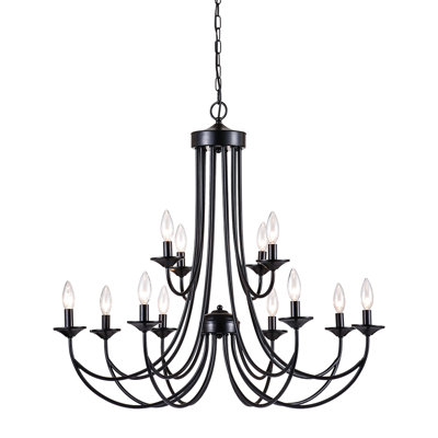 Estelle 12 - Light 32"W Candle Style Classic Chandelier with Wrought Black Iron Accents for Dining Room or Living Room