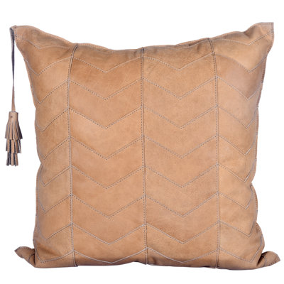 Genuine Leather Tan Chevron Tasseled Western Lodge Decorative Throw Pillow 20x20 inch