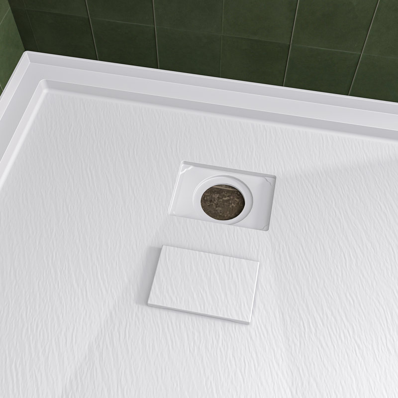 60" W x 34" D Solid Surface Single Threshold Shower Pan Base with Drain Cover Included, Textured Surface Slip-Resistant Shower Base Pan, White, Right Drain