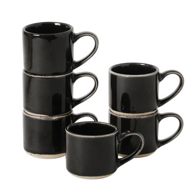 Mr. Coffee Whims Espresso Cups Set of 6, 3.7 oz Stoneware Demitasse Espresso Shot Cups with Handles, Stackable Reactive Glaze Ceramic Coffee Cups, Black