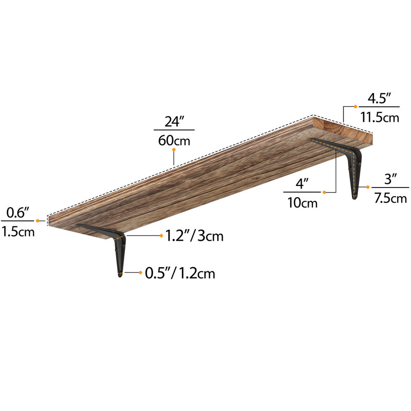Tablette Ternate avec support de 3,6 po, 24 po x 4,5 po, brûlé, 5 pièces