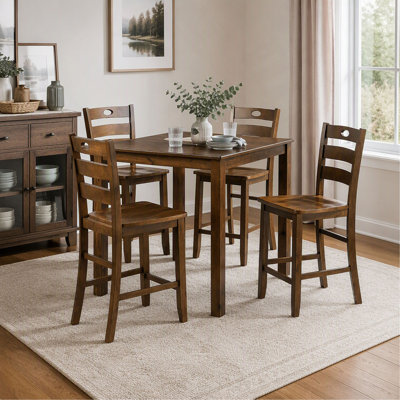 5 Piece Transitional Dining Set with Square Counter Height Table and 4 Slat Back Chairs