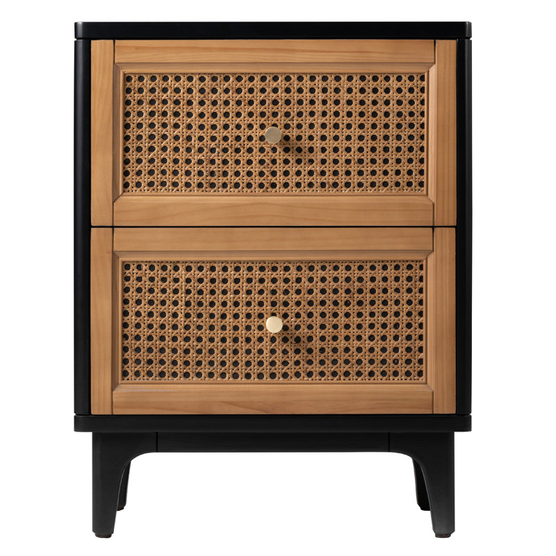 Aril 2-Drawer Woven Cane Front Accent Nightstand with Brass Knobs, Black/Brown