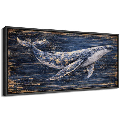 Golden Whale on Dark Blue Rustic Coastal Wall Decor Extra Large Pictures Framed Canvas Print Wall Art