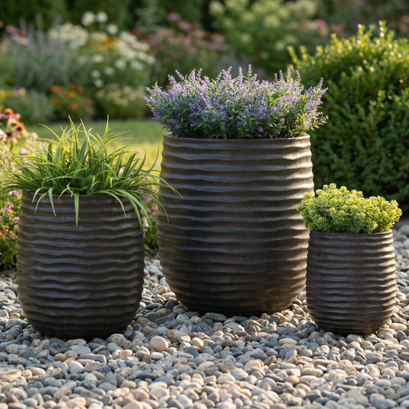 Ensemble de pots de fleurs en béton ondulé de 15 po de diamètre avec trou de drainage, pots de plantes ronds d'intérieur et d'extérieur noirs
