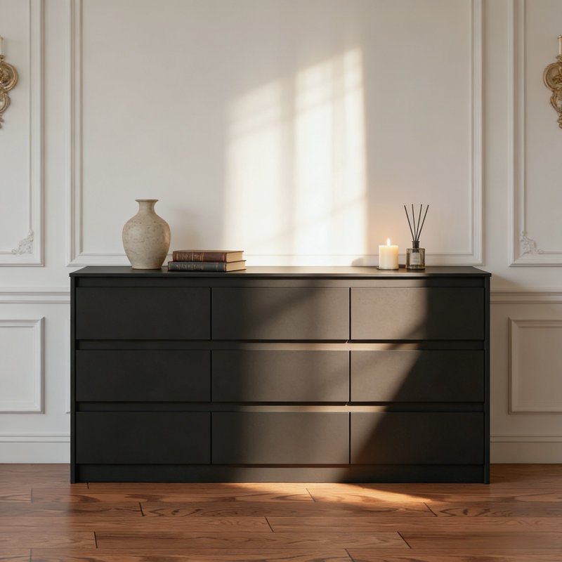Commode 9 tiroirs 63 po de largeur, Noir
