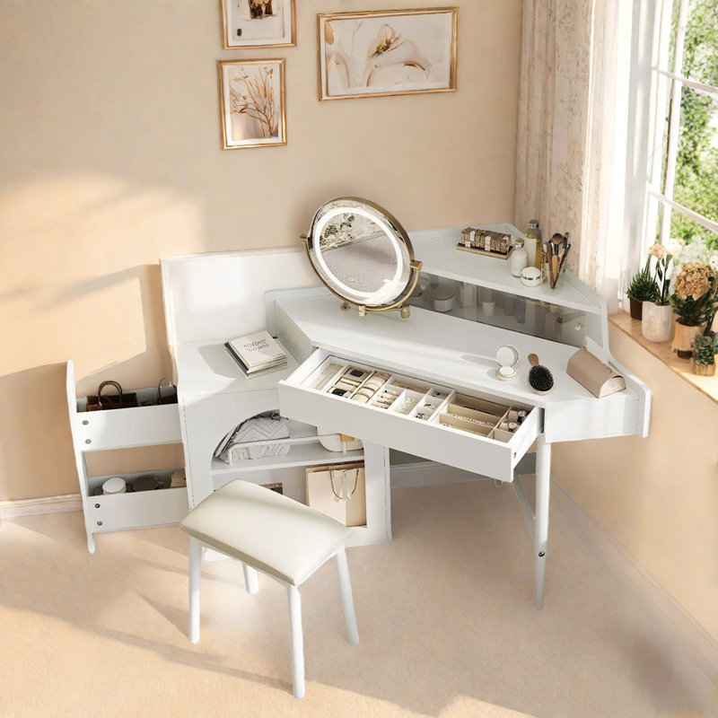 Bureau de coiffeuse de coin avec miroir pliant réglable, éclairage à DEL 3 couleurs, rangement adéquat et tabouret