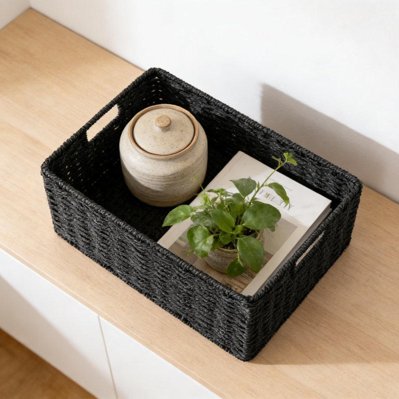 Foldable Storage Baskets, Handwoven Paper Rope Organizer Bins With Built-In Handles For Shelves, Collapsible Rectangular Storage Solutions For Home Organization, 2-Pack