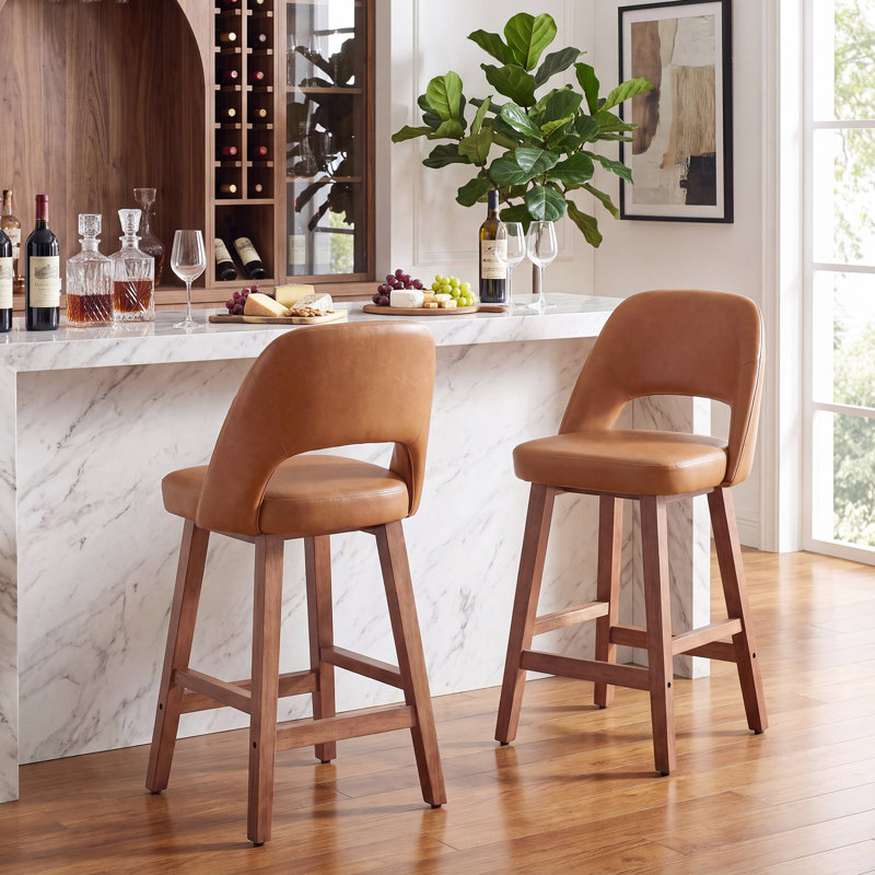Tabouret de comptoir Mid-Century sans accoudoirs (ensemble de 2), Brown Faux Leather