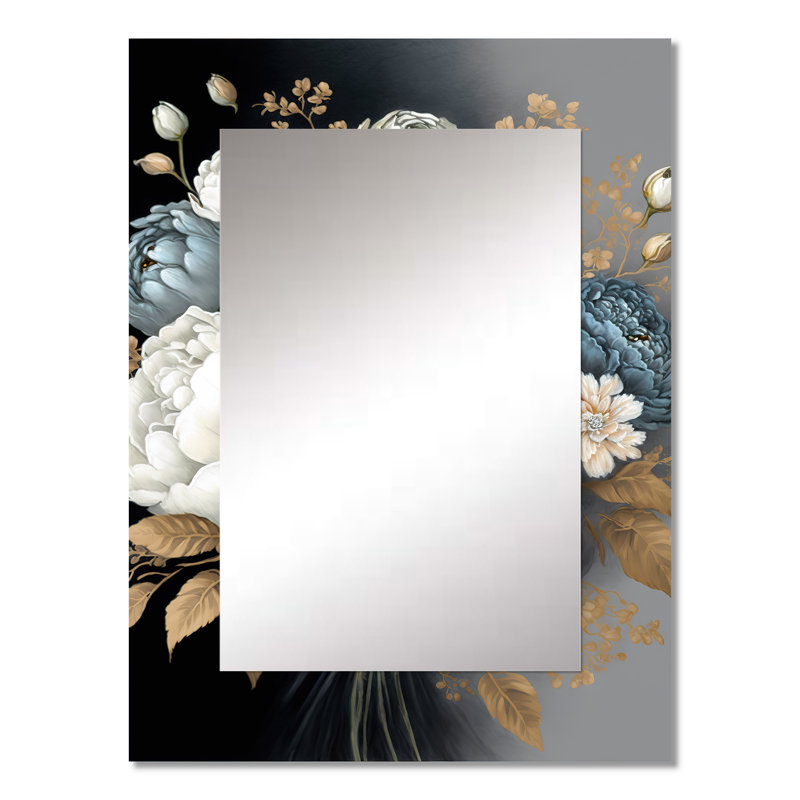 Blanc, bleu et gris pivoine Bouquet I - miroir mural pivoines, miroir décoratif blanc, impression d'art en métal