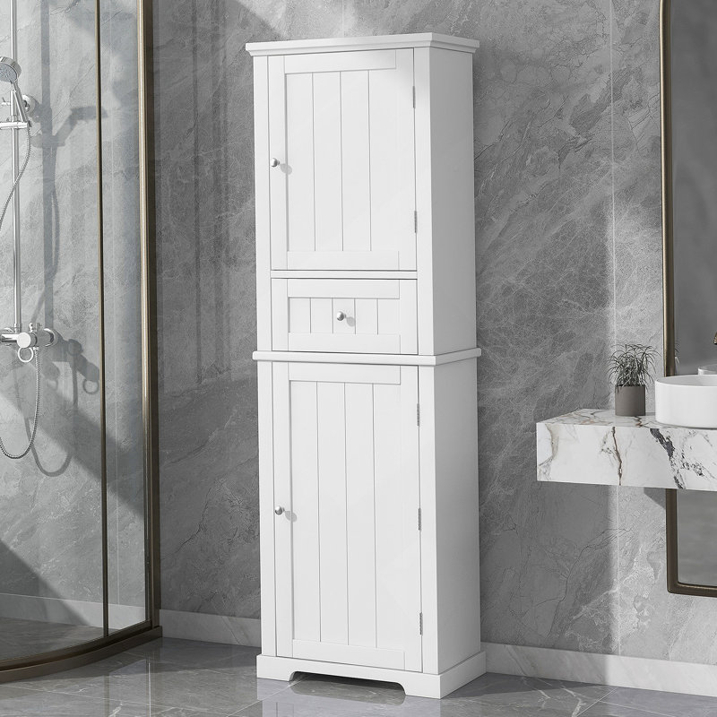 Grande armoire de rangement pour salle de bain, armoire de rangement autoportante avec tiroir et tablette réglable, panneau de fibres à densité moyenne avec finition peinte, blanc (ancien numéro de référence: WF312727AAK)