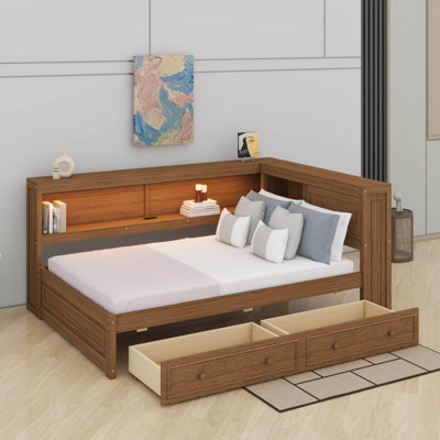 Full Size Corner Bed With Storage Drawers, Bookcase, L Shaped Daybed With LED Lights & USB Ports, Wood Day Bed Frame With Bookcase Headboard