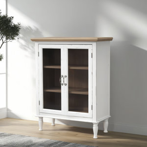 Distressed White Wood Storage Cabinet With 2 Glass Doors 3 Shelves Natural Wood Top