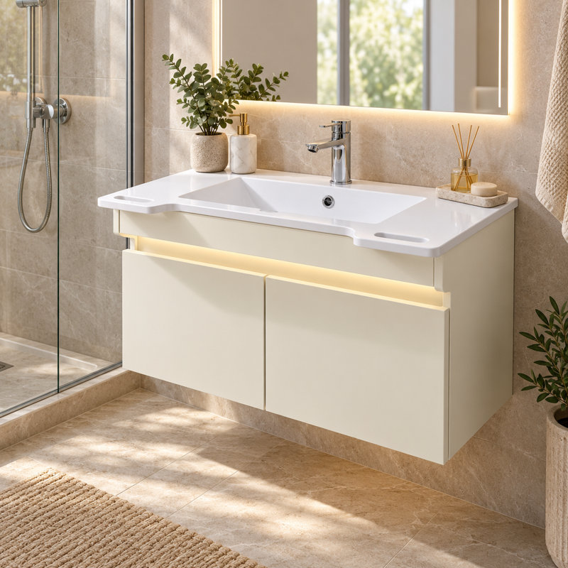 Meuble-lavabo mural en résine 32 po avec lumière à détecteur de mouvement, poignées latérales et conception ADA-compatible
