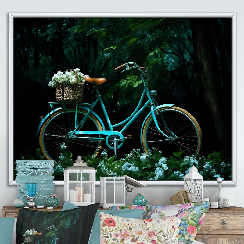 Teal Tour II - impressions sur toile de bicyclette, H 16 po x l 32 po, Cadre flottant blanc
