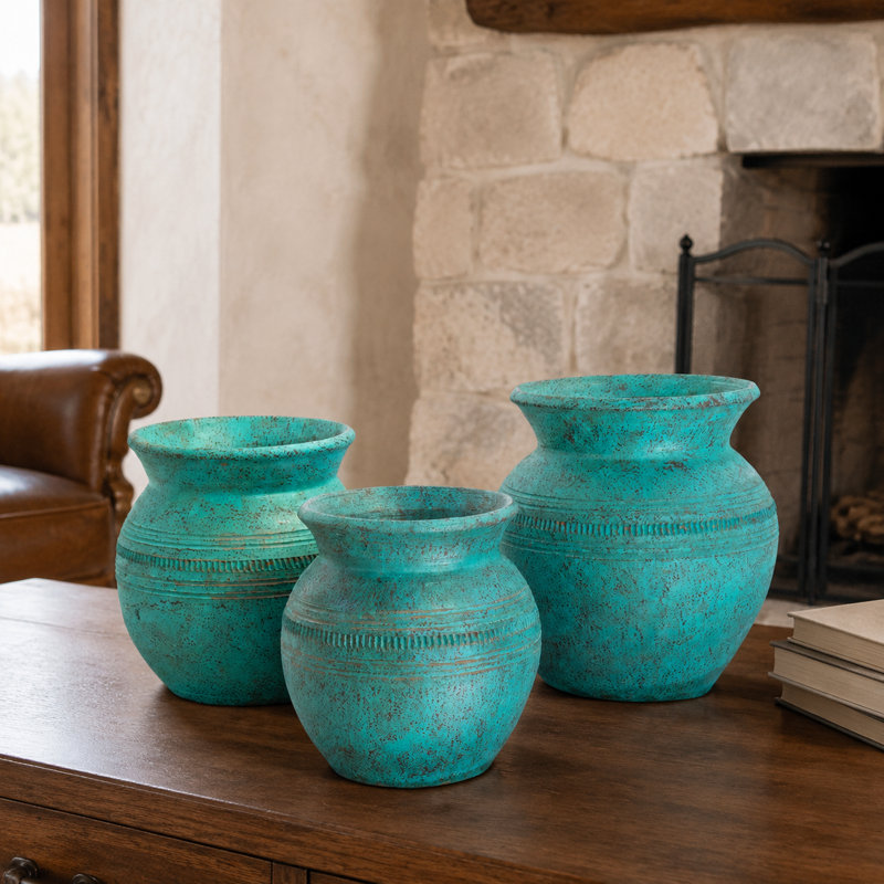 Ensemble de 3 pots en argile turquoise colorés à la main