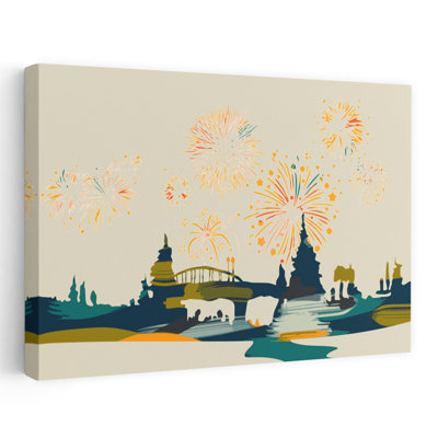 Feux d'artifice festifs en ville - Affiche murale abstraite et colorée représentant un ours onirique dans un paysage urbain