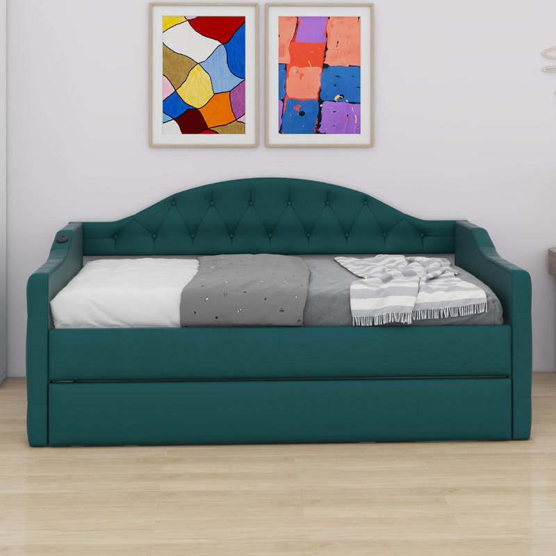 Twin Size Upholstered Daybed With Trundle,Velvet Sofa Bed With USB Ports And Wood Slats Supports,Button Tufted Backrest And Armrest, No Box Spring Needed