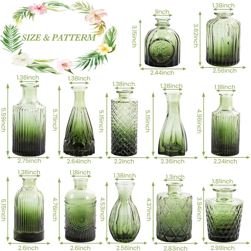 Lot de 12 petits vases en verre vert, mini vases à fleurs pour centres de table, petits vases en verre en gros pour décorations de mariage, vases vintage pour enterrement de vie de jeune fille, fête, réception, décoration de table
