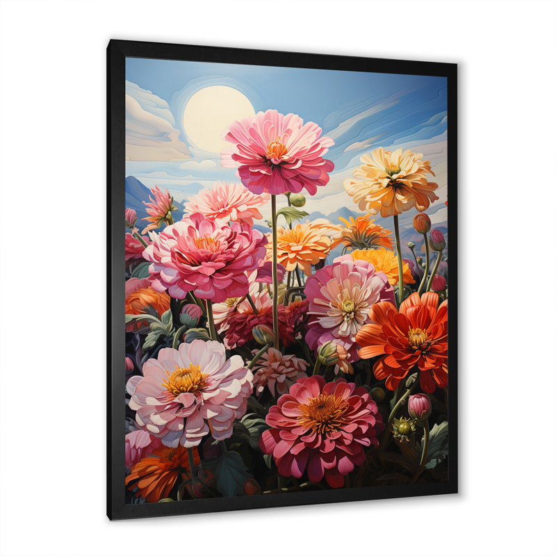 " Zinnia Flower Zenith I " by Designart, Black Single Picture Framed, 40" H x 30" W x 1.5" D